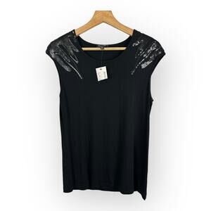 Saks Fifth Avenue Women size Medium Black Embellished Cap Sleeve Stretch Top New